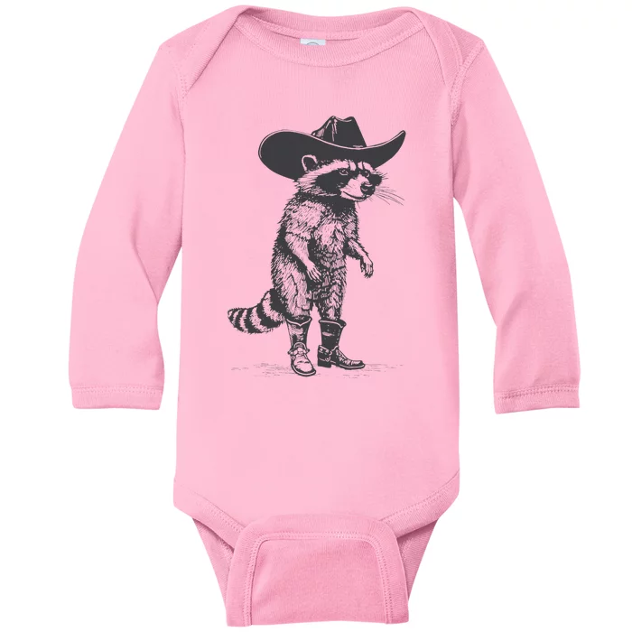 Vintage Raccoon Cowboy Cowgirl Trash Panda Western Country Baby Long Sleeve Bodysuit