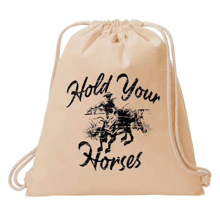 Vintage Rodeo Cow Hold Your Horses Retro Western Gift Drawstring Bag