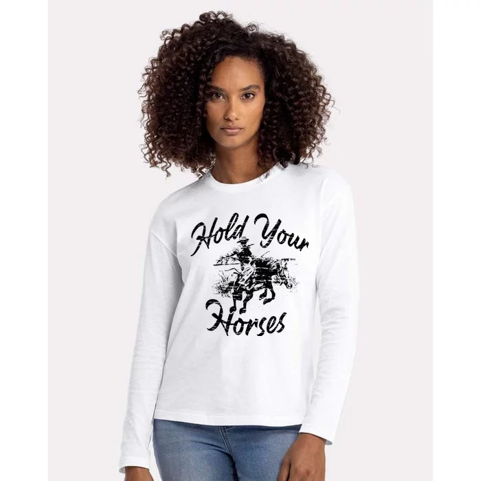 Vintage Rodeo Cow Hold Your Horses Retro Western Gift Womens Cotton Relaxed Long Sleeve T-Shirt