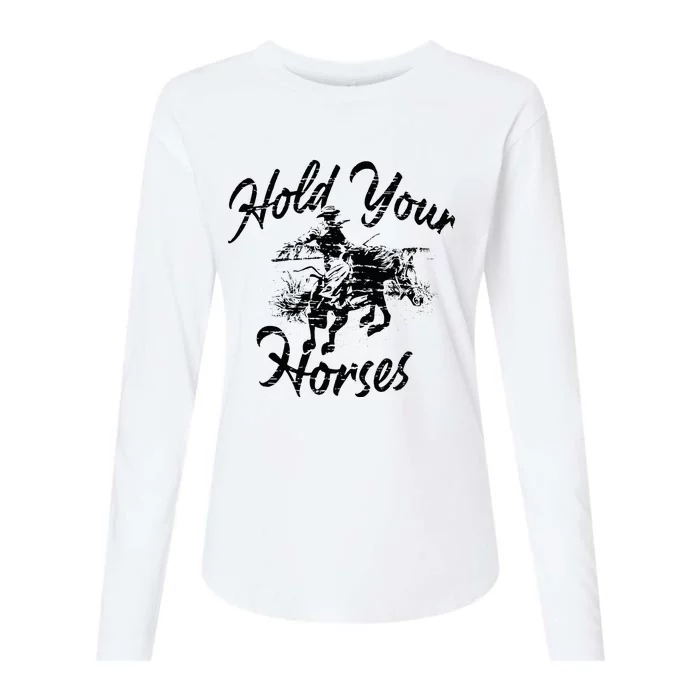 Vintage Rodeo Cow Hold Your Horses Retro Western Gift Womens Cotton Relaxed Long Sleeve T-Shirt