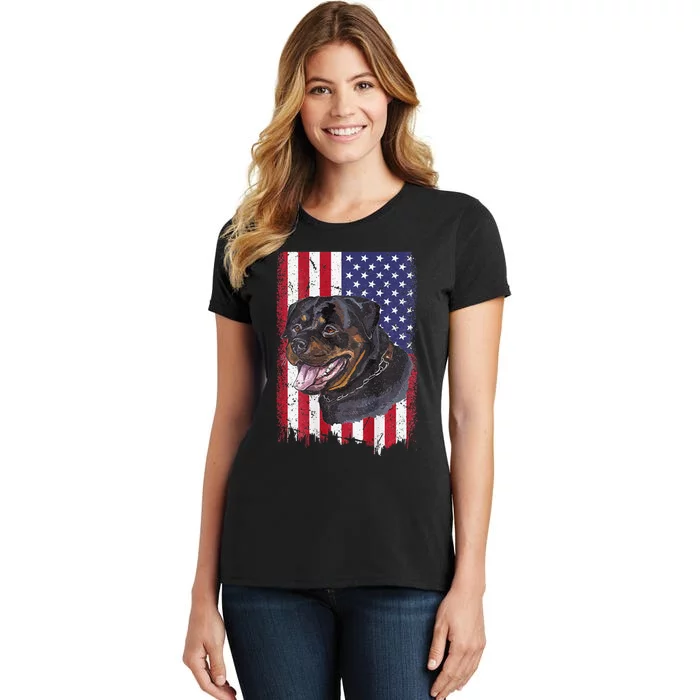 Vintage Rottweiler Dag Lover Father's Day USA American Flag Women's T-Shirt