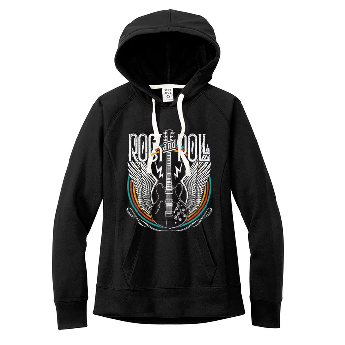 Vintage Retro Distressed 80s Rock & Roll Music Guitar Wings Women's Fleece Hoodie