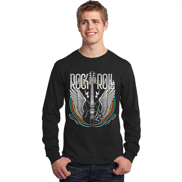 Vintage Retro Distressed 80s Rock & Roll Music Guitar Wings Tall Long Sleeve T-Shirt