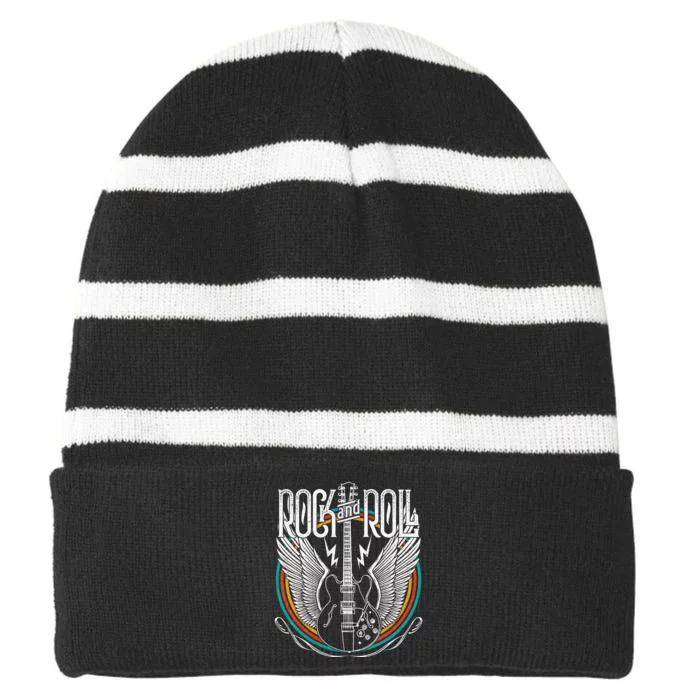 Vintage Retro Distressed 80s Rock & Roll Music Guitar Wings Striped Beanie with Solid Band