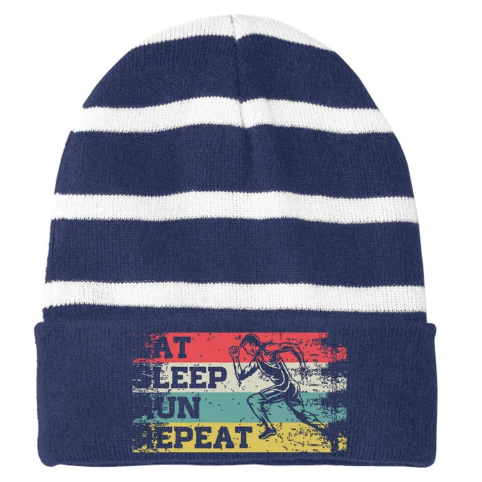 Vintage Retro Eat Sleep Run Repeat Funny Running Runner Gift Striped Beanie with Solid Band