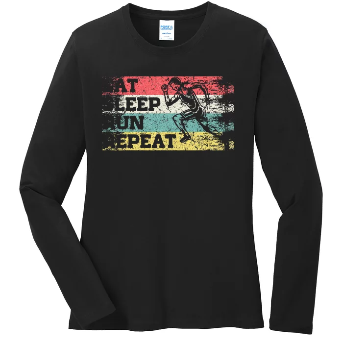 Vintage Retro Eat Sleep Run Repeat Funny Running Runner Gift Ladies Long Sleeve Shirt