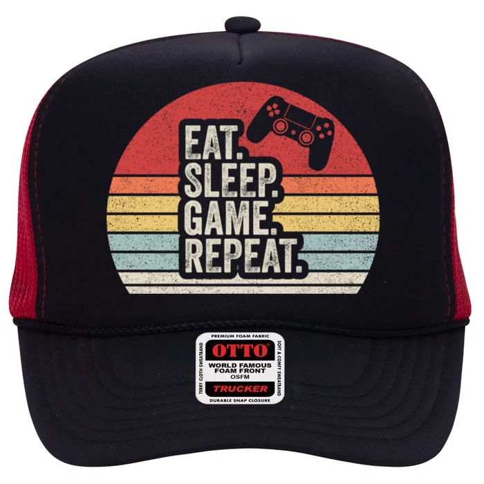 Vintage Retro Eat Sleep Game Repeat Funny Gift High Crown Mesh Trucker Hat