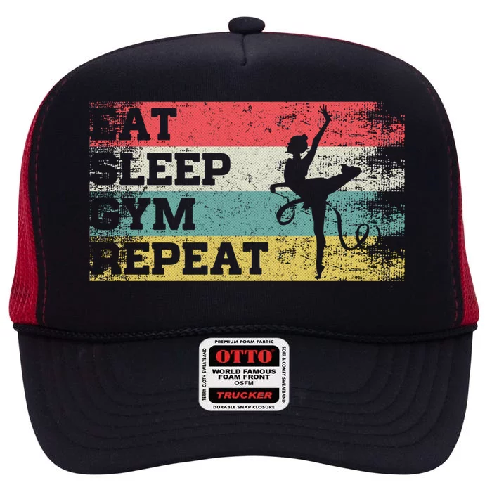 Vintage Retro Eat Sleep Gym Repeat Funny Aerial Yoga Lover Gift High Crown Mesh Trucker Hat