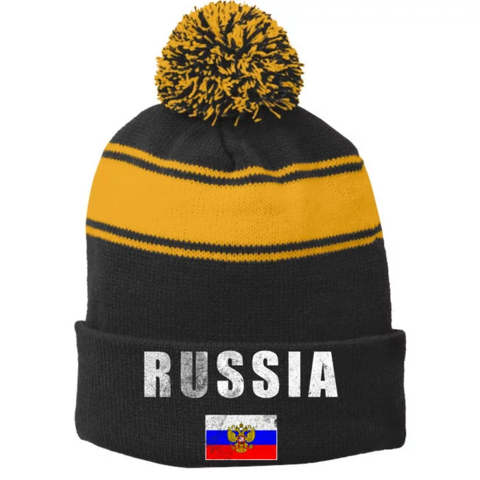 Vintage Russia Flag Stripe Pom Pom Beanie