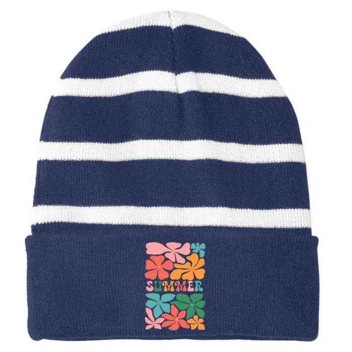 Vintage Retro Floral Summer Striped Beanie with Solid Band