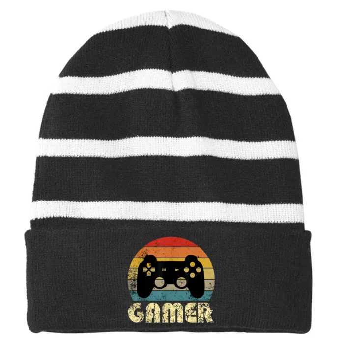 Vintage Retro Gamer Video Game Player Striped Beanie with Solid Band