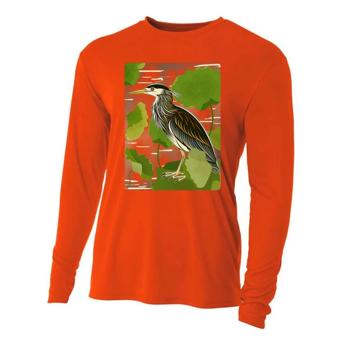 Vintage Retro Green Heron Bird Cooling Performance Long Sleeve Crew