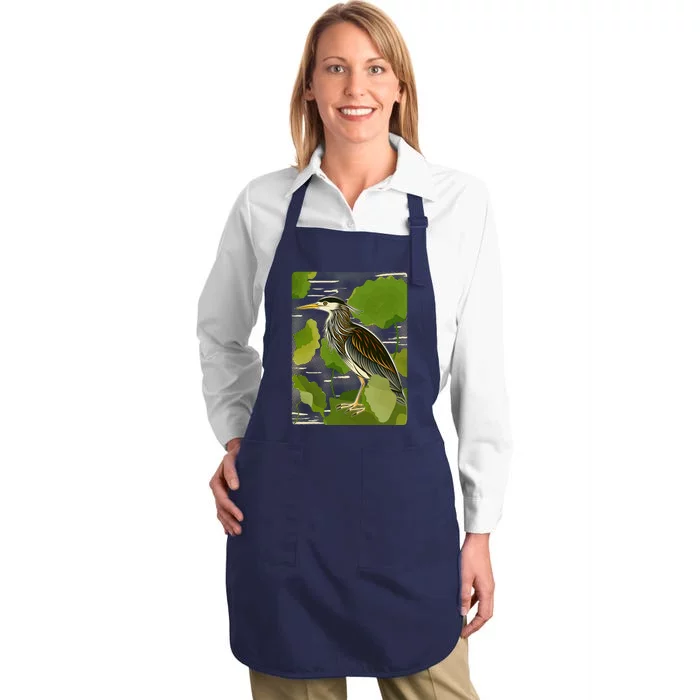 Vintage Retro Green Heron Bird Full-Length Apron With Pocket