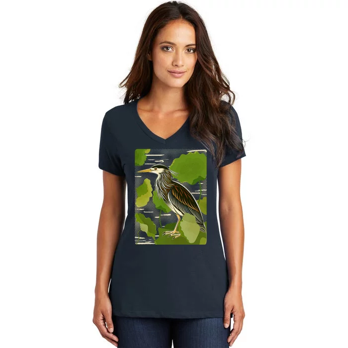 Vintage Retro Green Heron Bird Women's V-Neck T-Shirt