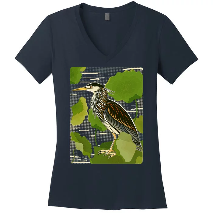 Vintage Retro Green Heron Bird Women's V-Neck T-Shirt