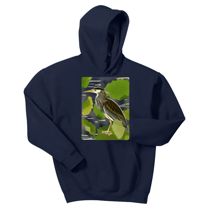 Vintage Retro Green Heron Bird Kids Hoodie