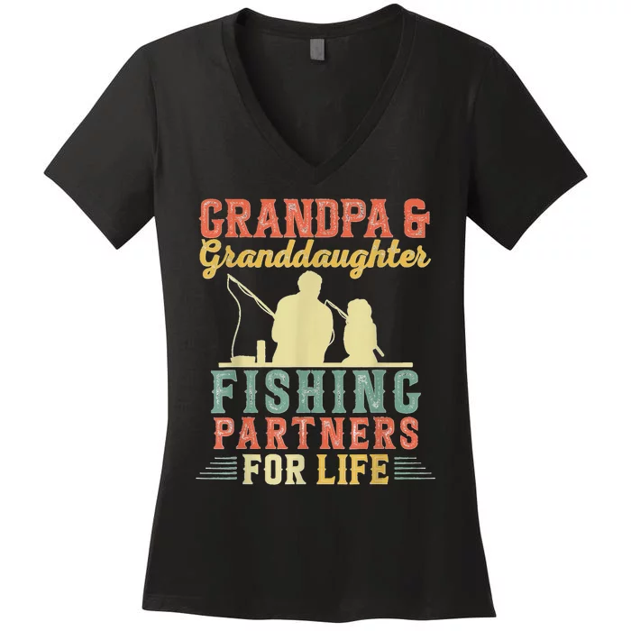 Vintage Retro Grandpa And Granddaughter Fishing Partners Women's V-Neck T-Shirt