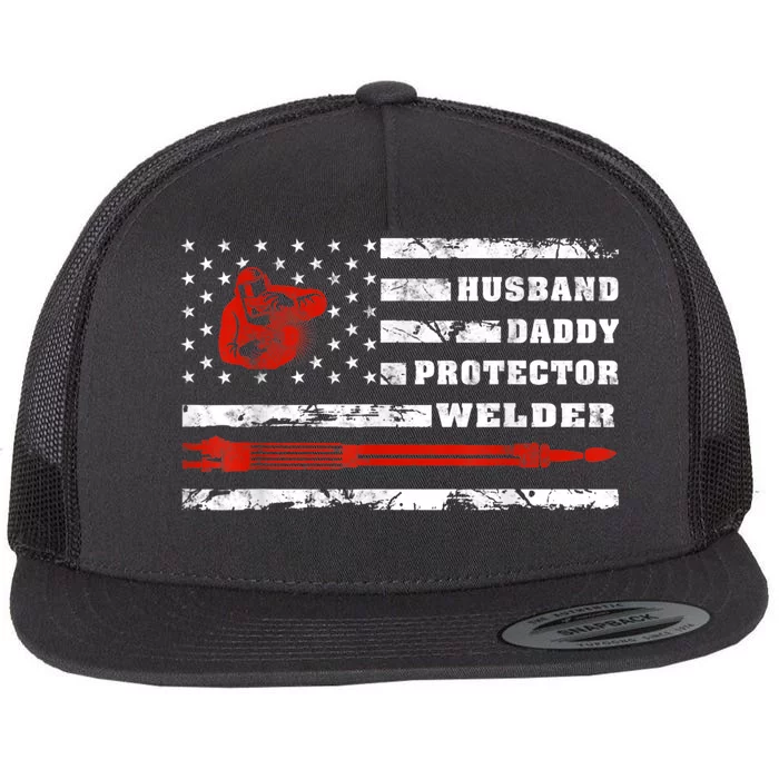 Vintage Retro Husband Daddy Protector Welder American Flag Flat Bill Trucker Hat