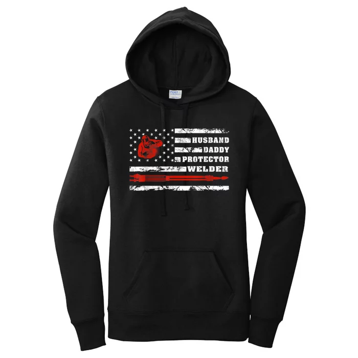 Vintage Retro Husband Daddy Protector Welder American Flag Women's Pullover Hoodie