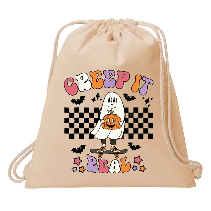 Vintage Retro Halloween Creep It Real Ghost Boy Fall Season Drawstring Bag