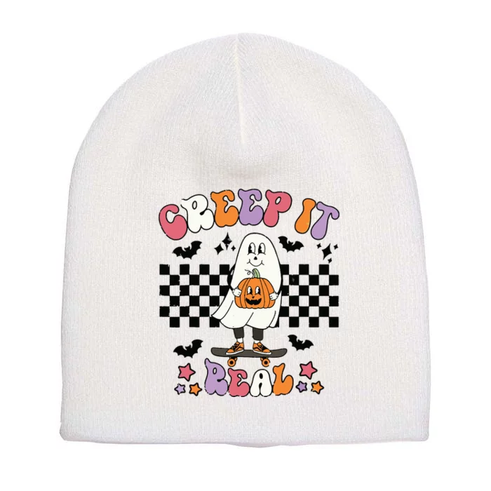 Vintage Retro Halloween Creep It Real Ghost Boy Fall Season Short Acrylic Beanie