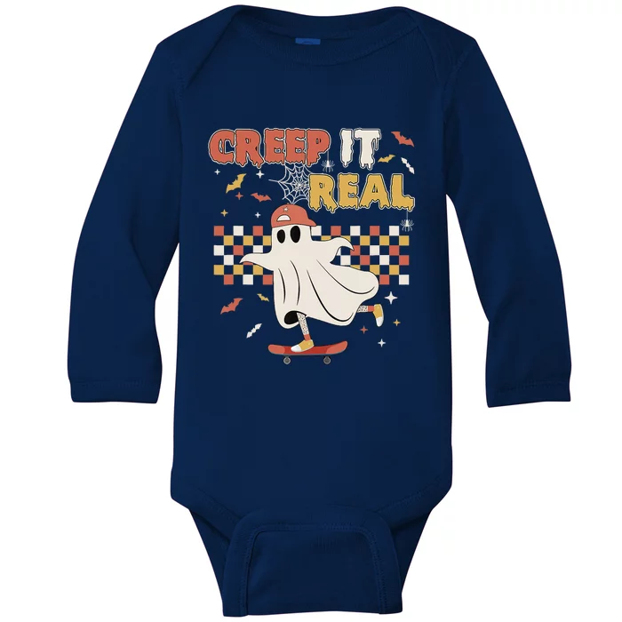 Vintage Retro Halloween Creep It Real Ghost Boy Fall Baby Long Sleeve Bodysuit