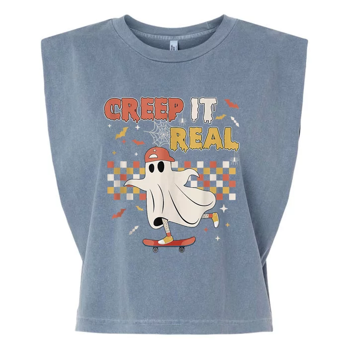 Vintage Retro Halloween Creep It Real Ghost Boy Fall Garment-Dyed Women's Muscle Tee