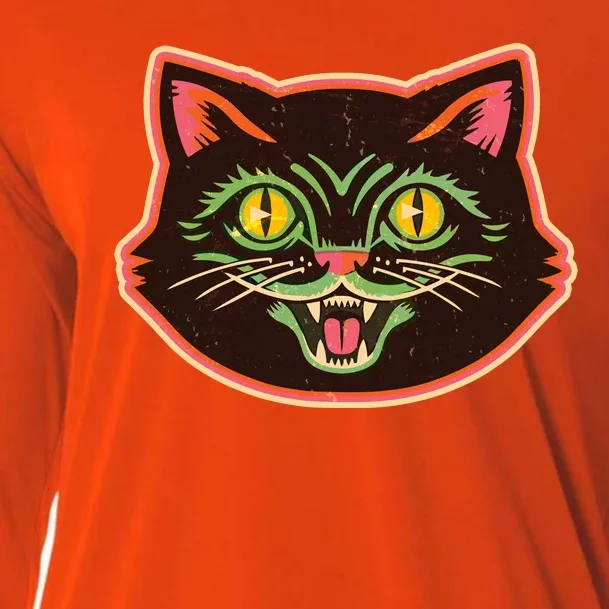 Vintage Retro Halloween Cat Face Cooling Performance Long Sleeve Crew