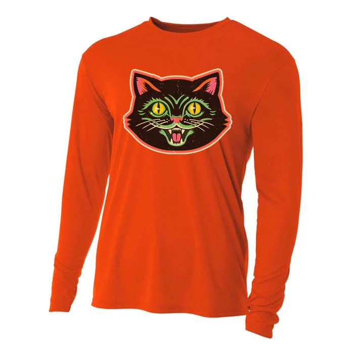 Vintage Retro Halloween Cat Face Cooling Performance Long Sleeve Crew