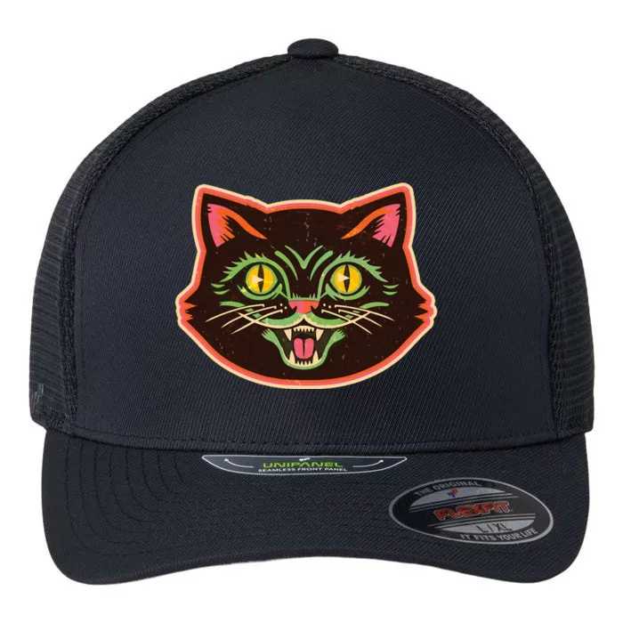 Vintage Retro Halloween Cat Face Flexfit Unipanel Trucker Cap