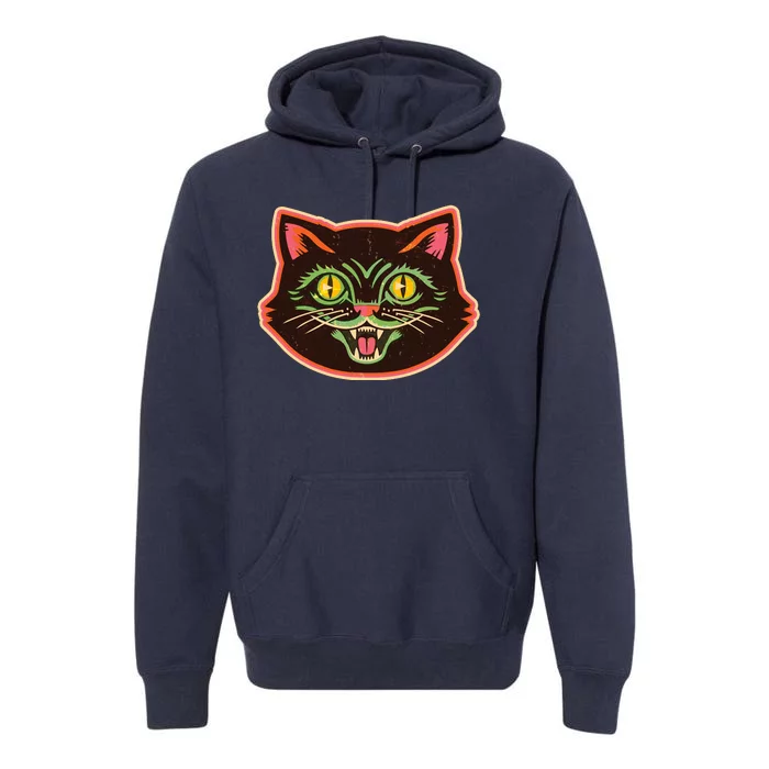 Vintage Retro Halloween Cat Face Premium Hoodie