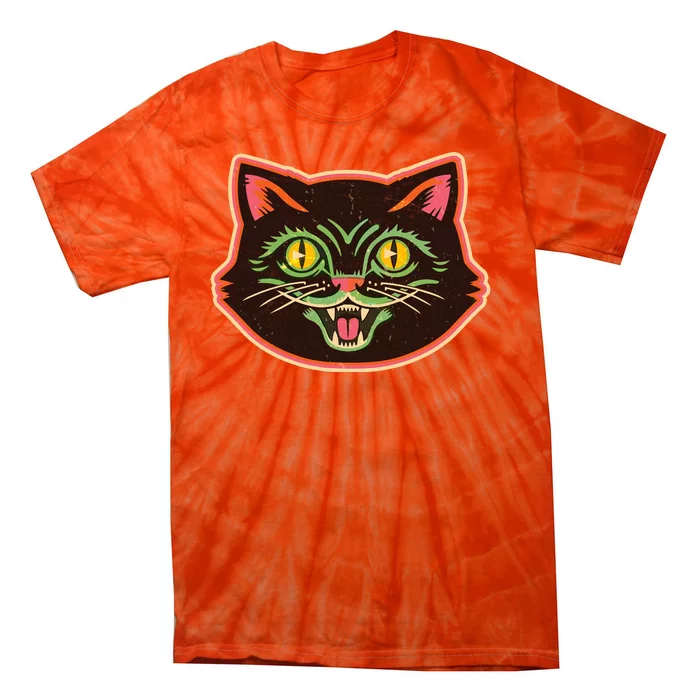 Vintage Retro Halloween Cat Face Tie-Dye T-Shirt