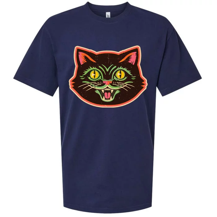 Vintage Retro Halloween Cat Face Sueded Cloud Jersey T-Shirt