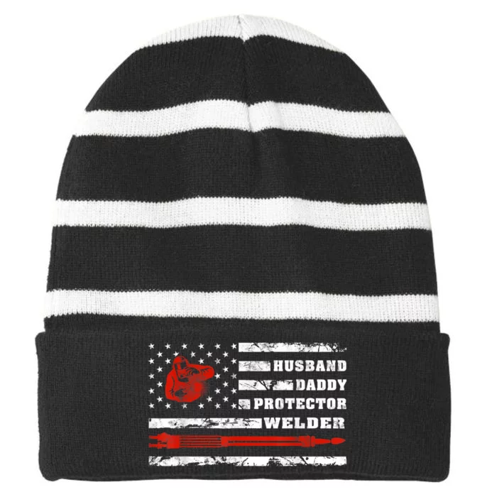 Vintage Retro Husband Daddy Protector Welder American Flag Striped Beanie with Solid Band