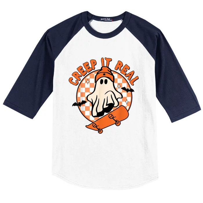 Vintage Retro Halloween Creep It Real Ghost Boy Fall Season Baseball Sleeve Shirt