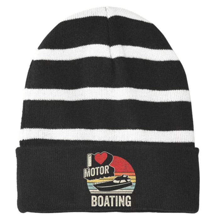 Vintage Retro I Love Motor Boating Funny Boater Striped Beanie with Solid Band