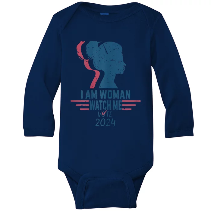 Vintage Retro I Am Woman Watch Me Vote For President Kamalaharris Baby Long Sleeve Bodysuit