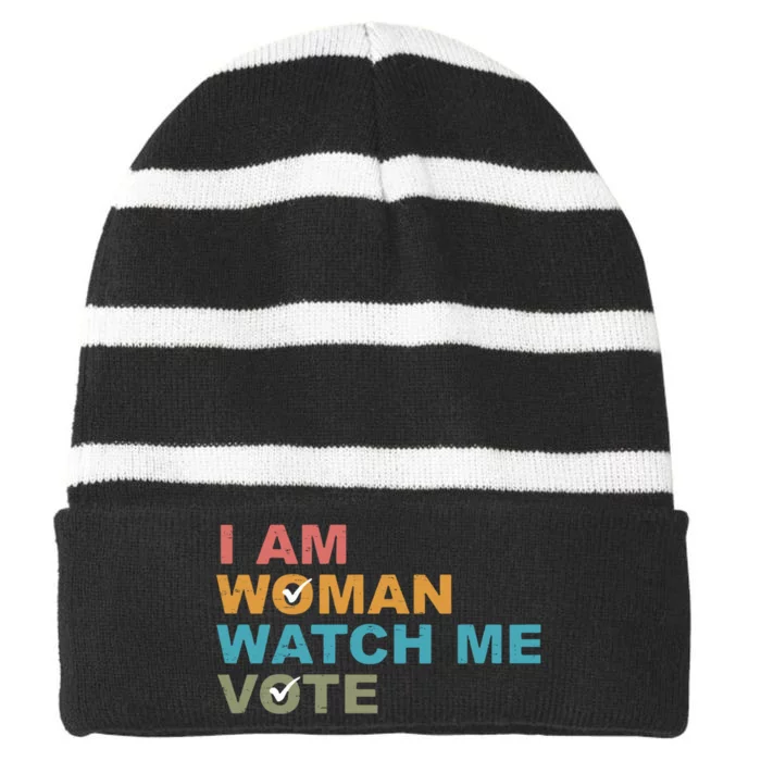 Vintage Retro I Am Woman Watch Me Vote For President Kamalaharris Striped Beanie with Solid Band