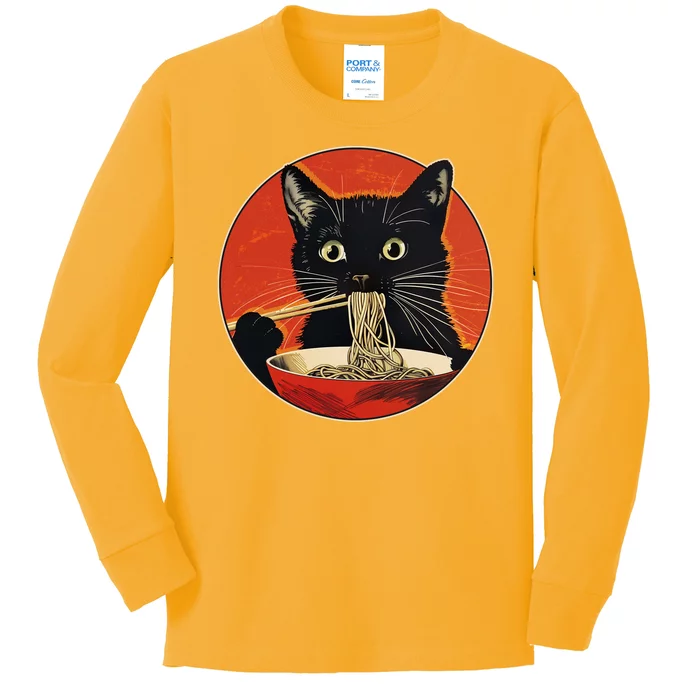 Vintage Retro Japanese Ramen Cat Neko Kids Long Sleeve Shirt