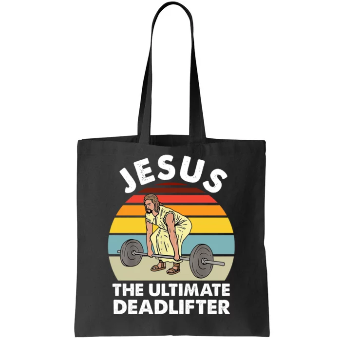 Vintage Retro Jesus The Ultimate Deadlifter Funny Gym Bodybuliding Tote Bag