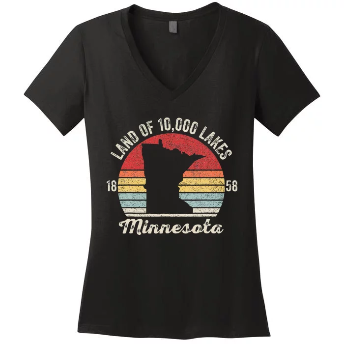 Vintage Retro Land Of 10000 Lakes 1858 Minnesota Women's V-Neck T-Shirt