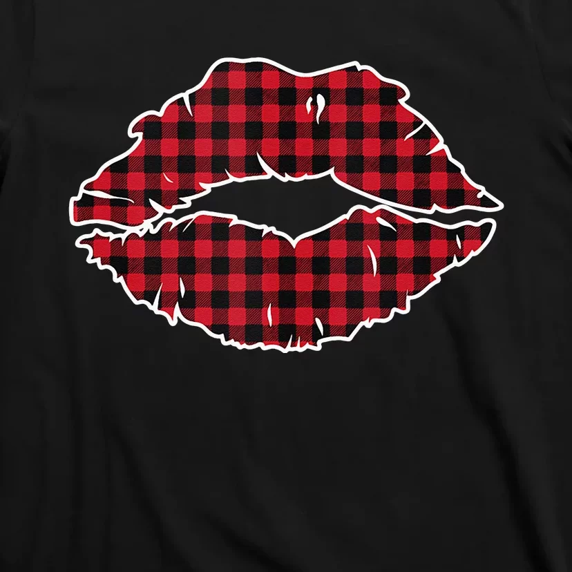 Valentine Red Lips Buffalo Plaid Clothes Gift Women T-Shirt