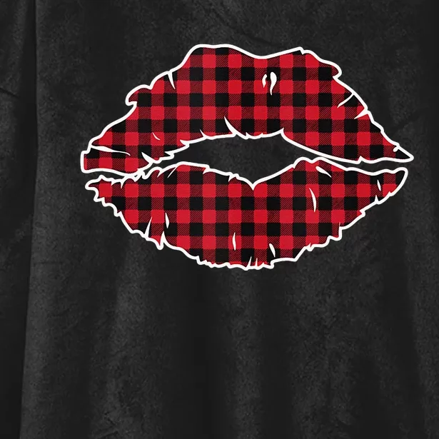 Valentine Red Lips Buffalo Plaid Clothes Gift Women Hooded Wearable Blanket