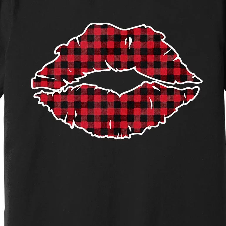 Valentine Red Lips Buffalo Plaid Clothes Gift Women Premium T-Shirt