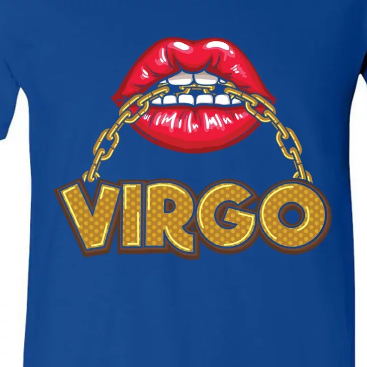 Virgo Red Lips Gold Chain Horoscope Zodiac Gift V-Neck T-Shirt