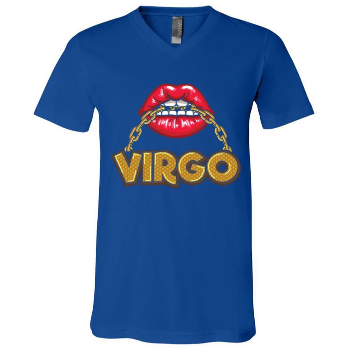 Virgo Red Lips Gold Chain Horoscope Zodiac Gift V-Neck T-Shirt