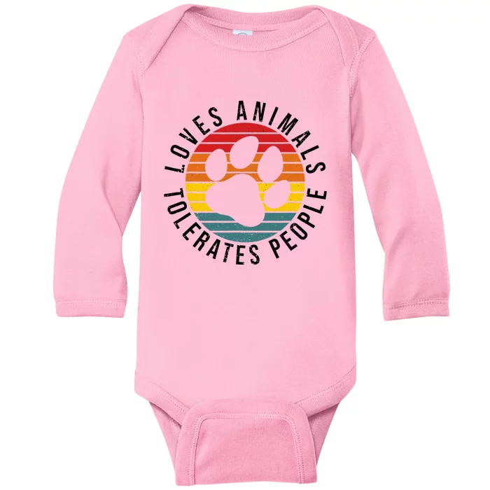 Vintage Retro Loves Animals Tolerates People Funny Baby Long Sleeve Bodysuit