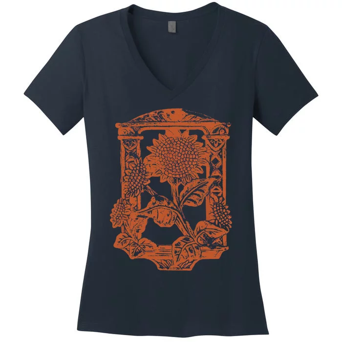 Vintage Retro Litho StyleArt Deco Orange Sunflower Women's V-Neck T-Shirt