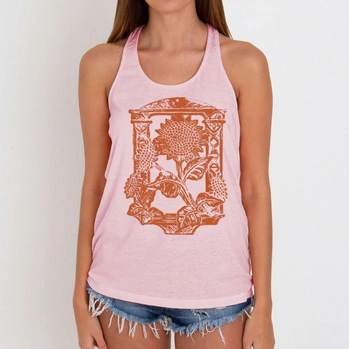 Vintage Retro Litho StyleArt Deco Orange Sunflower Women's Knotted Racerback Tank