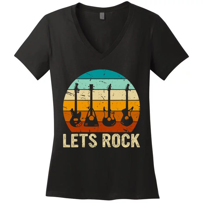 Vintage Retro Lets Rock Rock And Roll Guitar Music Women's V-Neck T-Shirt